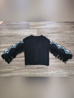 Rock & Roll Denim Black Western Fringe Cable Knit Sweater Size S